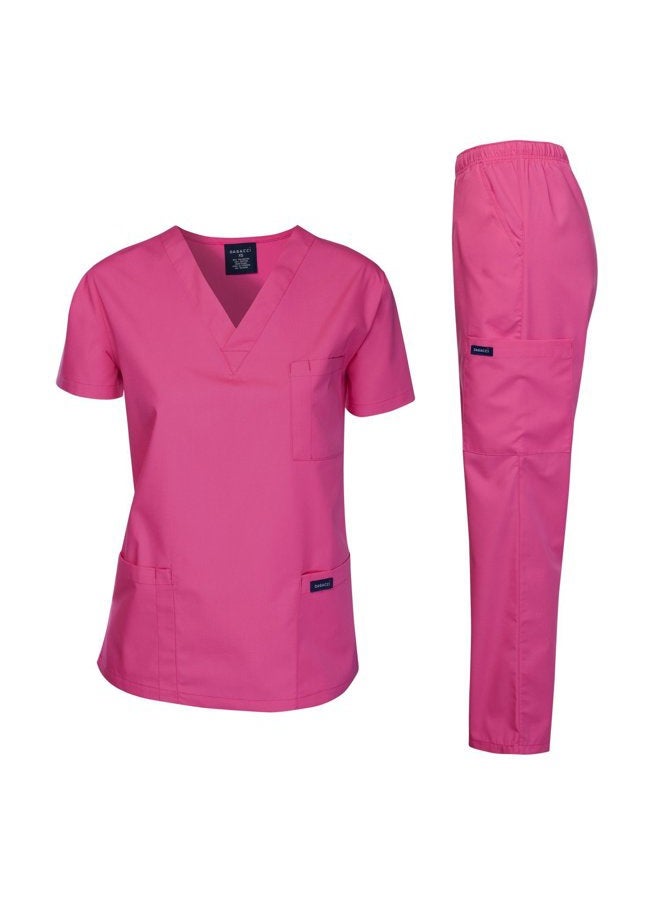 DAGACCI Women's and Men's Medical Scrubs Top and Pants Set, Hot Pink, S - Image 1