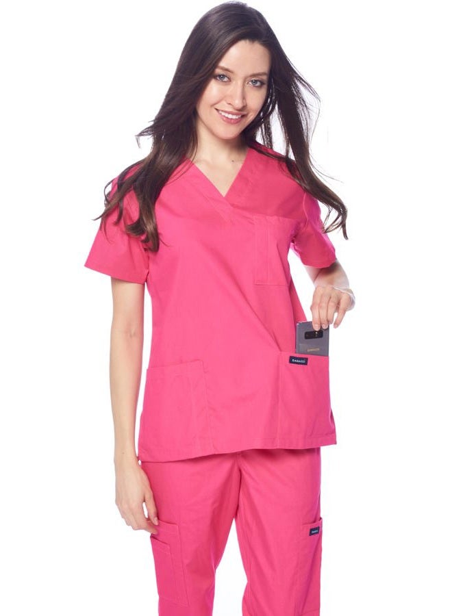 DAGACCI Women's and Men's Medical Scrubs Top and Pants Set, Hot Pink, S - Image 4