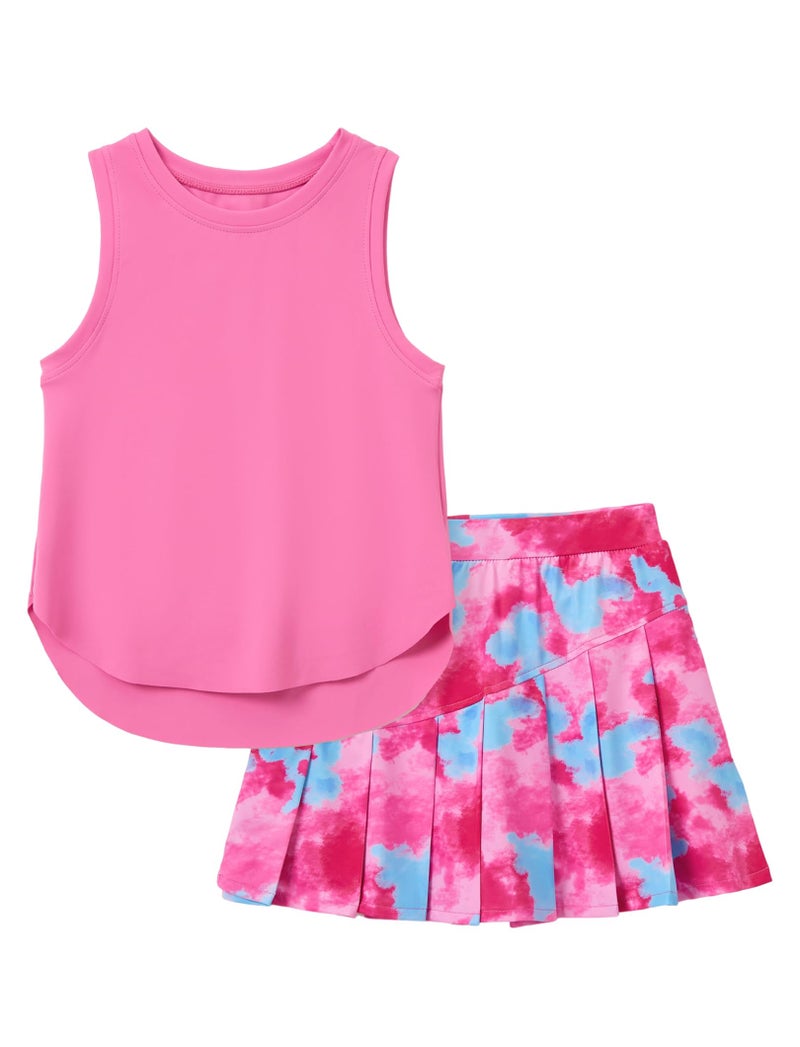 PATPAT Girls 2 Piece Tennis Skirt Set Size 5-6 Pink Tank Tops and Tie Dye Skort Athletic Sets Sleeveless Shirts + High Waisted Pleated Skirt 2 Piece Outfits Girls Clothes Summer Outfits Activewear - Image 1