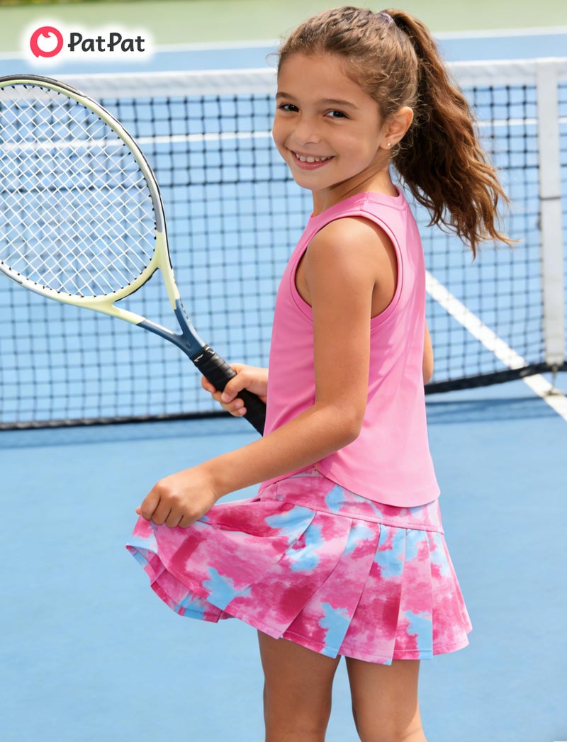 PATPAT Girls 2 Piece Tennis Skirt Set Size 5-6 Pink Tank Tops and Tie Dye Skort Athletic Sets Sleeveless Shirts + High Waisted Pleated Skirt 2 Piece Outfits Girls Clothes Summer Outfits Activewear - Image 3
