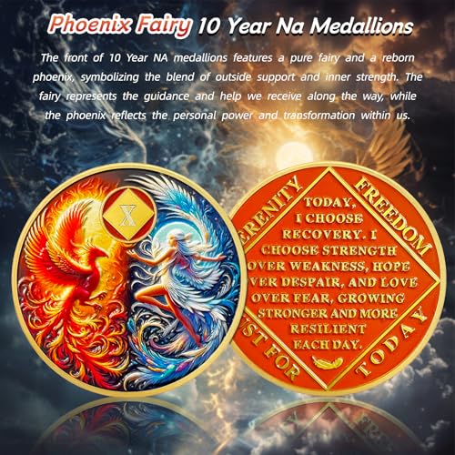 IELCJJ Phoenix Fairy 10 Year Na Medallions - Sun and Moon Sobriety Coin - Ten Year Recovery Addiction Token - Celebrate Clean and Sober Chip - 0-10 Prime Narcotics Anonymous Gifts for Men Women - Image 2