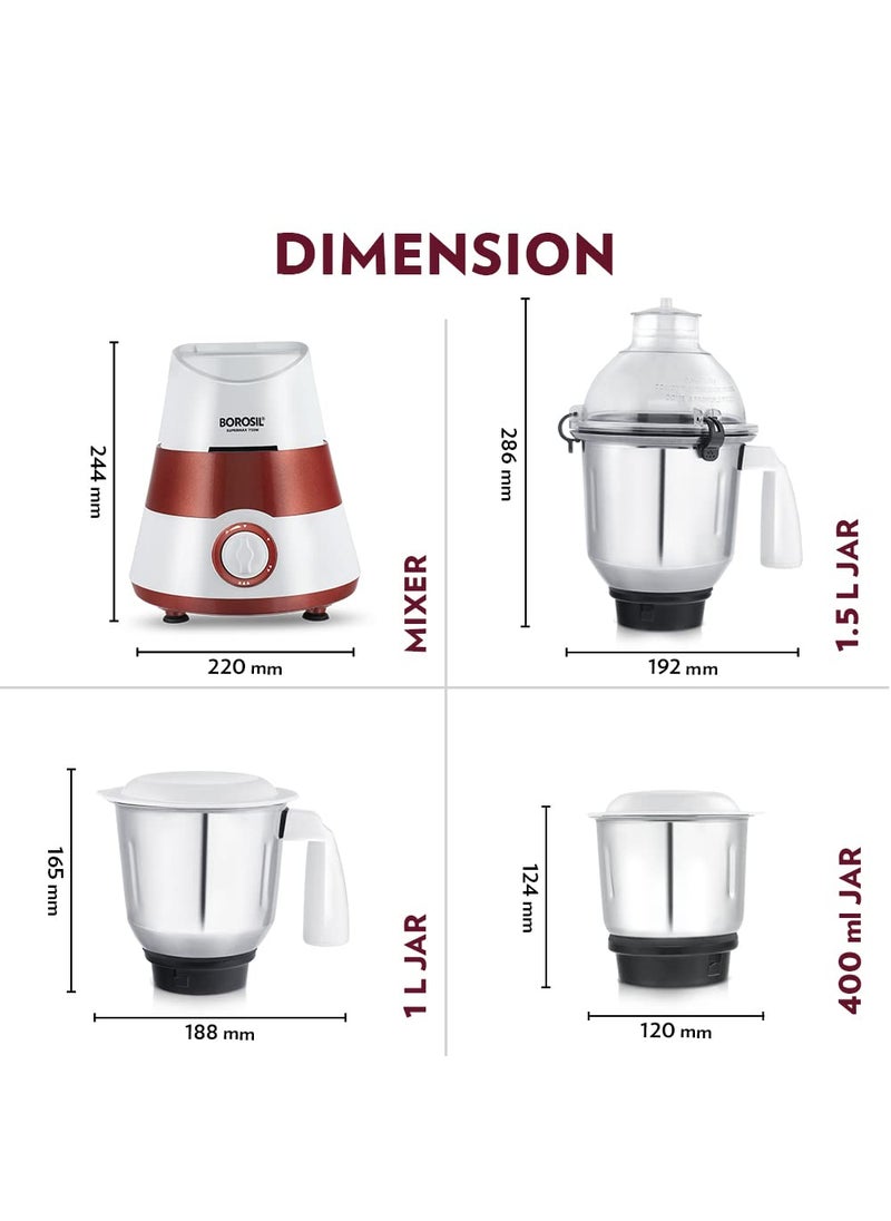 BOROSIL Borosil Supermax Mixer Grinder For WetDry Mixing Grinding 750 Watts 3 Stainless Steel Jars15 L Blending Jar 1 L DryWet Grinder 400 ml Chutney Jar Mixie For Kitchen Red  - Image 3