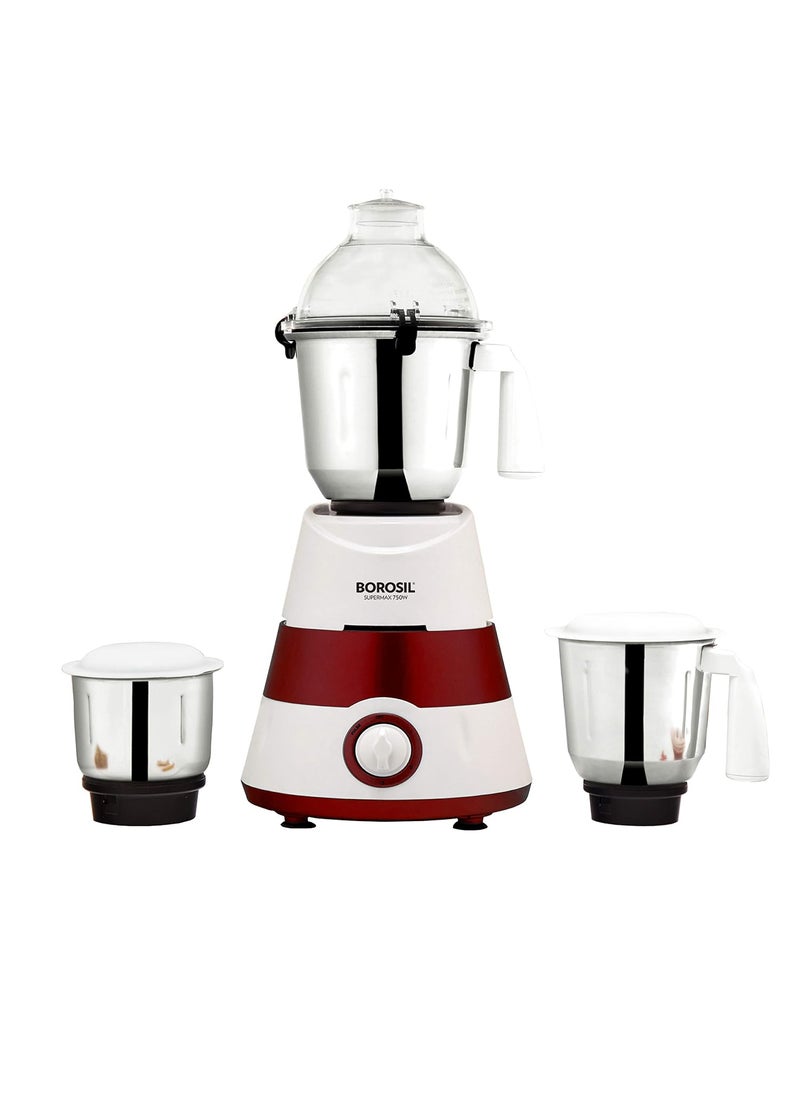 BOROSIL Borosil Supermax Mixer Grinder For WetDry Mixing Grinding 750 Watts 3 Stainless Steel Jars15 L Blending Jar 1 L DryWet Grinder 400 ml Chutney Jar Mixie For Kitchen Red  - Image 1