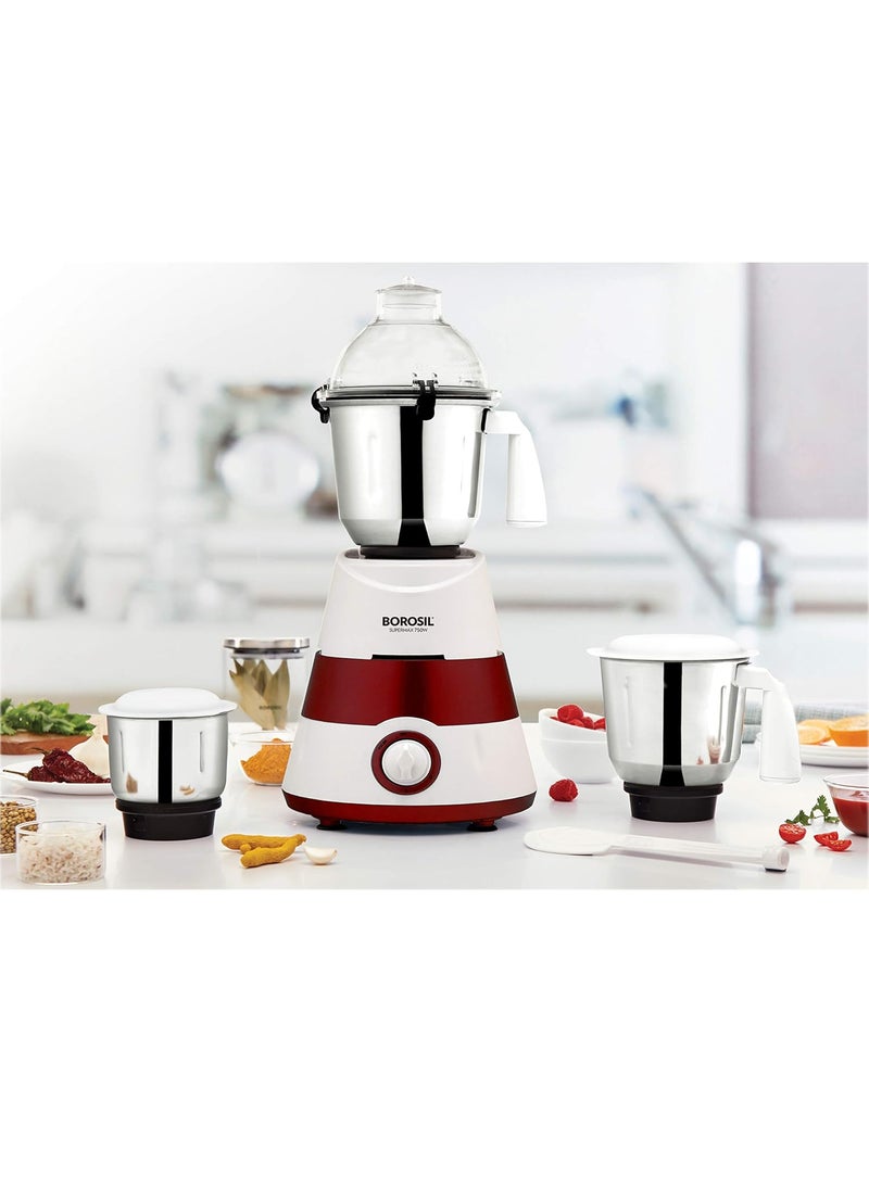 BOROSIL Borosil Supermax Mixer Grinder For WetDry Mixing Grinding 750 Watts 3 Stainless Steel Jars15 L Blending Jar 1 L DryWet Grinder 400 ml Chutney Jar Mixie For Kitchen Red  - Image 2