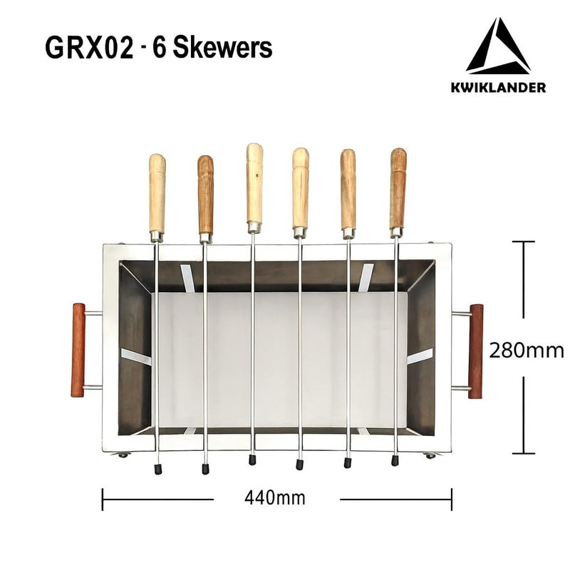 KWIKLANDER طقم شواية باربكيو فحم قابل للطي ومحمول من الفولاذ المقاوم للصدأ مع 6 أسياخ، ملقط، حقيبة، صينية فحم + شبكة طهي علوية للحديقة المنزلية (44 × 28 سم)، قائمة بذاتها - Image 5