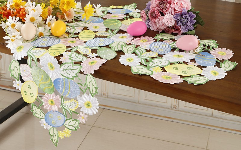 GRANDDECO Easter Table Runner Spring Bunnys Flowery Table Runner Cutwork Embroidered Floral and Bunnys Dresser Scarf Table Topper Home Kitchen Dining Tabletop Decoration (Runner 13"Ã—36", Bunny) - Image 4