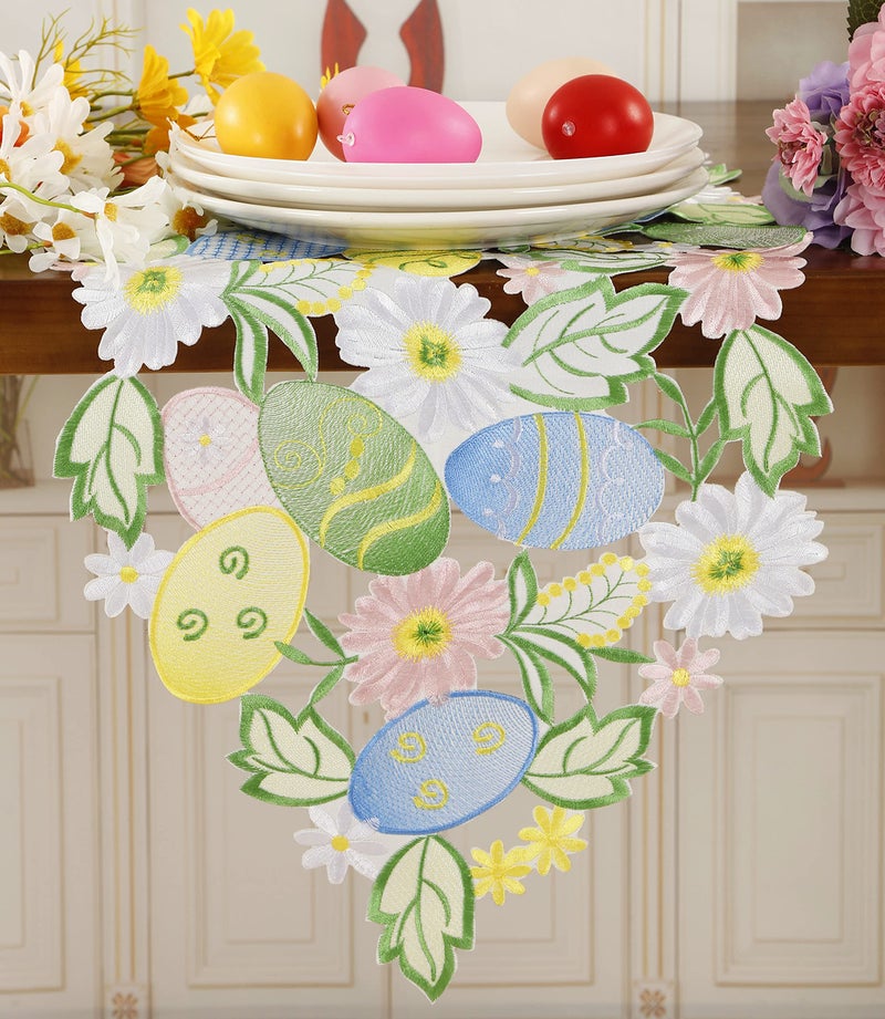 GRANDDECO Easter Table Runner Spring Bunnys Flowery Table Runner Cutwork Embroidered Floral and Bunnys Dresser Scarf Table Topper Home Kitchen Dining Tabletop Decoration (Runner 13"Ã—36", Bunny) - Image 3