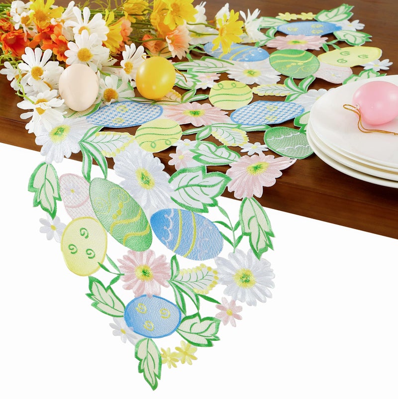 GRANDDECO Easter Table Runner Spring Bunnys Flowery Table Runner Cutwork Embroidered Floral and Bunnys Dresser Scarf Table Topper Home Kitchen Dining Tabletop Decoration (Runner 13"Ã—36", Bunny) - Image 1