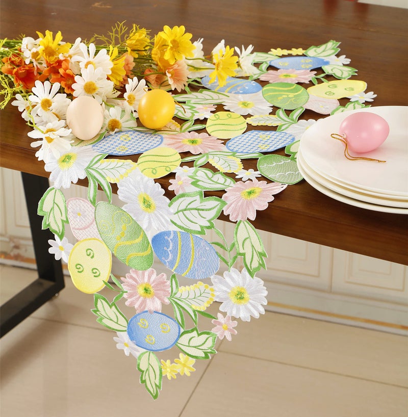 GRANDDECO Easter Table Runner Spring Bunnys Flowery Table Runner Cutwork Embroidered Floral and Bunnys Dresser Scarf Table Topper Home Kitchen Dining Tabletop Decoration (Runner 13"Ã—36", Bunny) - Image 2