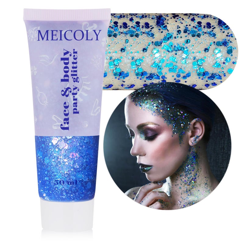 MEICOLY Chameleon Blue Hair Glitter,Chunky Face Glitter Gel,Color Changing Mermaid Singer Concerts Sparkling Glitter for Face Body,Halloween Festival Party Makeup,50ml - Image 1
