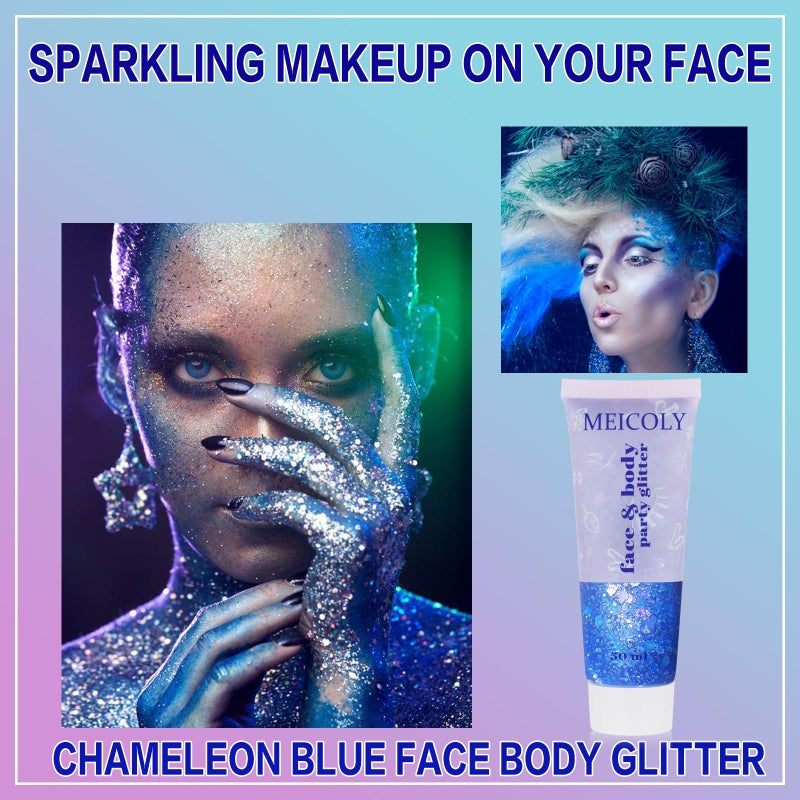 MEICOLY Chameleon Blue Hair Glitter,Chunky Face Glitter Gel,Color Changing Mermaid Singer Concerts Sparkling Glitter for Face Body,Halloween Festival Party Makeup,50ml - Image 2