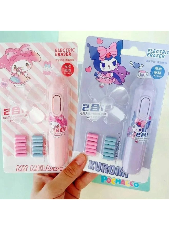The eraser card, pen, 12 replacement erasers, and the battery-operated fan in various colors. - Image 3