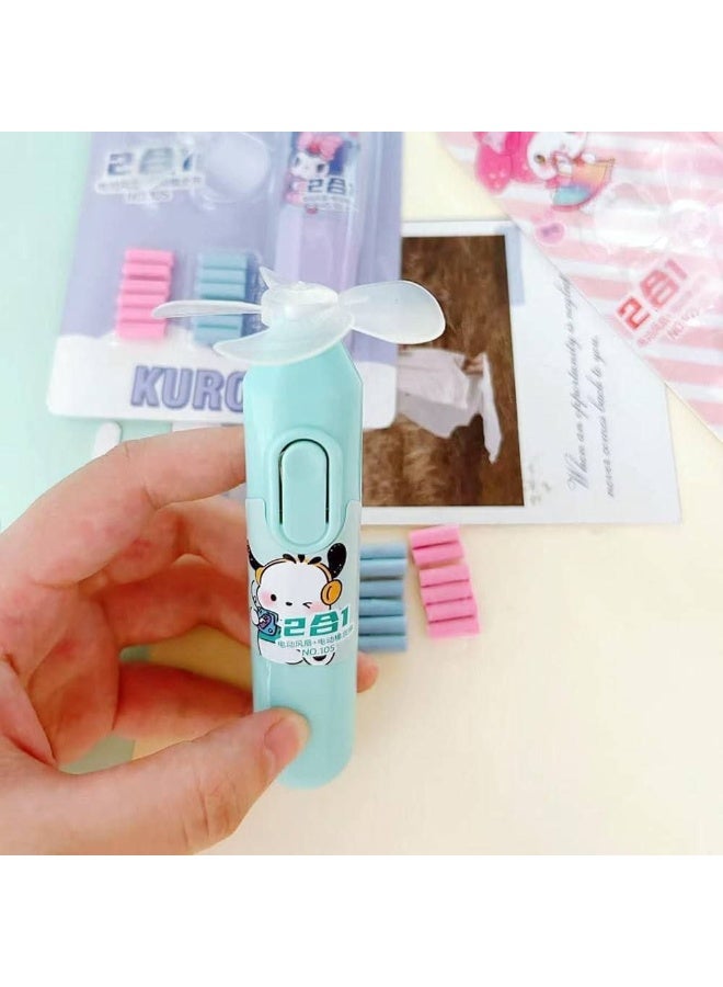 The eraser card, pen, 12 replacement erasers, and the battery-operated fan in various colors. - Image 4