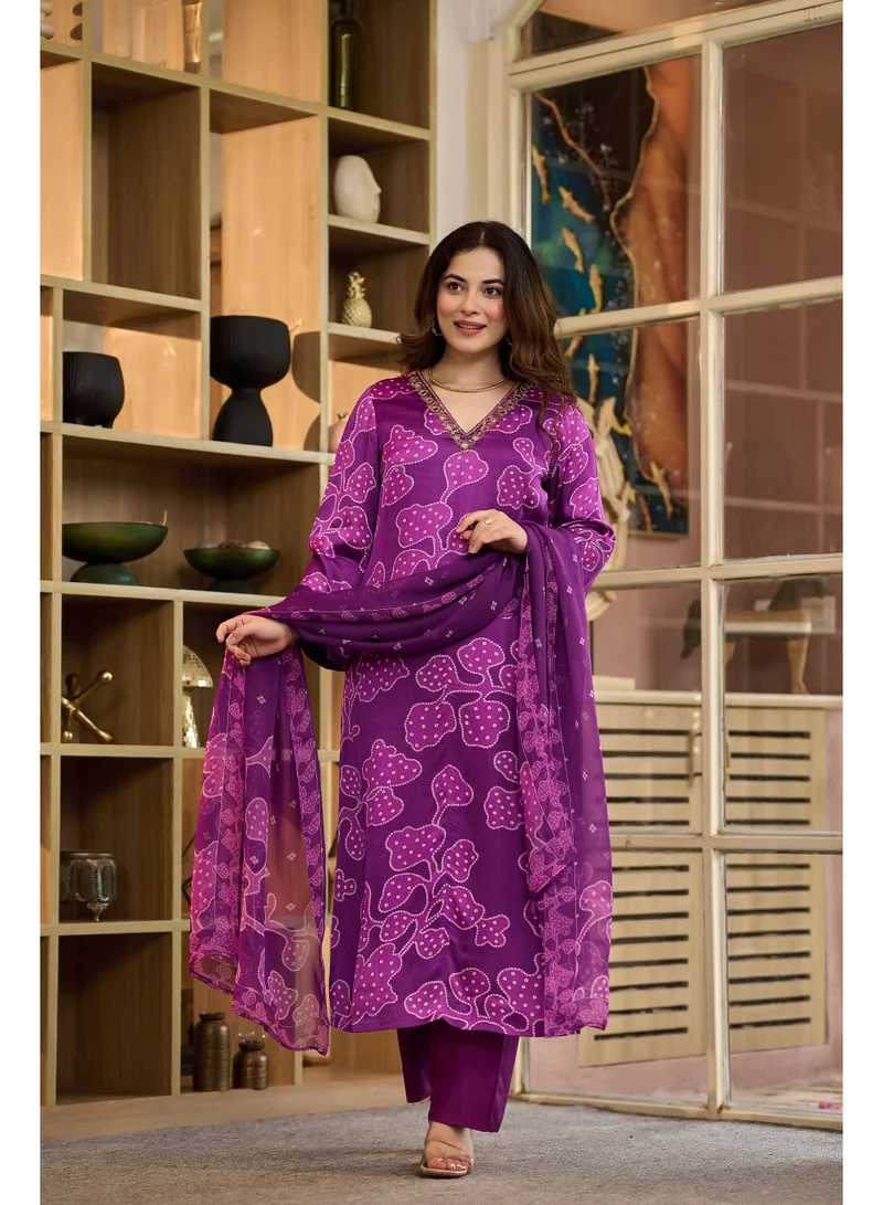 Premium Purple Gaji Satin 3 Piece Suit Set for Women with Dupatta & Pants | Indian Ethnic Wear | Salwar Suit for Women | Kurta Set Ladies | Kurti Pant Dupatta Set | Bandhani Printed Suit | Festive, Wedding & Party Wear