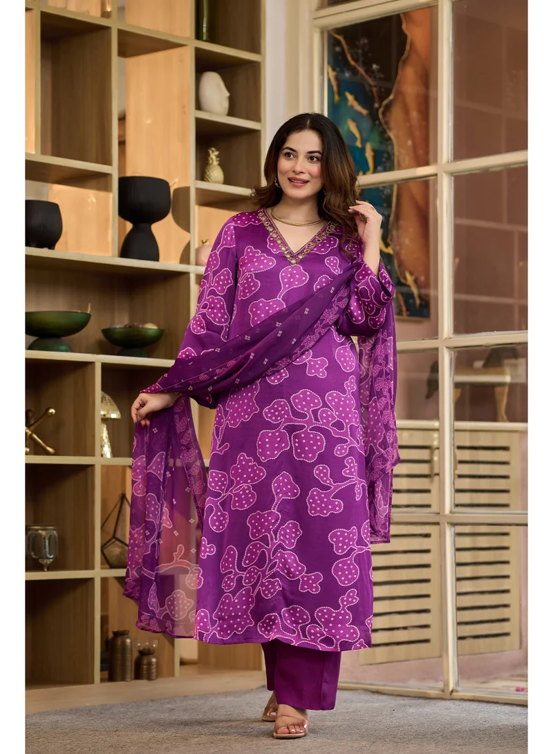 Priya’s Panache Premium Purple Gaji Satin 3 Piece Suit Set for Women with Dupatta & Pants | Indian Ethnic Wear | Salwar Suit for Women | Kurta Set Ladies | Kurti Pant Dupatta Set | Bandhani Printed Suit | Festive, Wedding & Party Wear