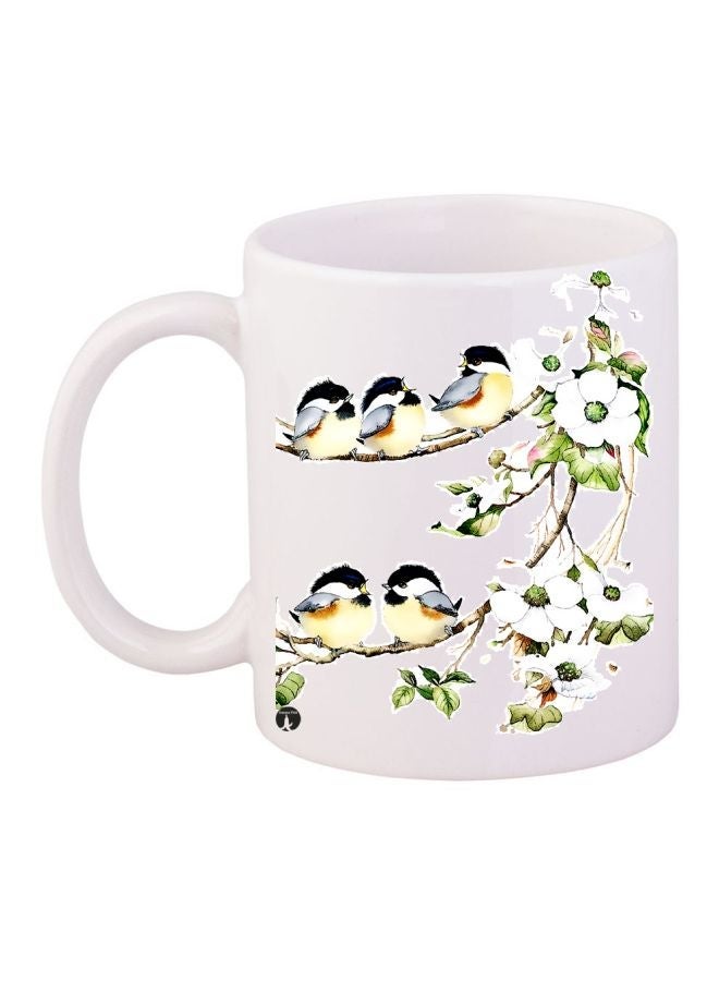 RYN Birds Printed Coffee Mug White/Green/Beige 11ounce