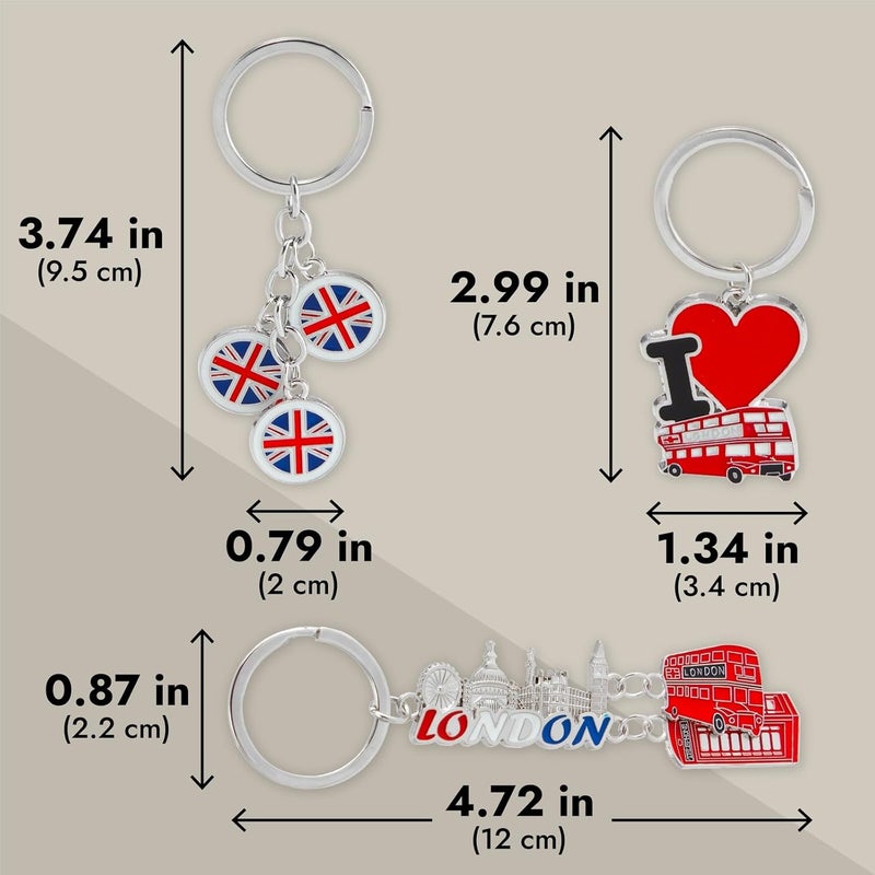 Juvale مجموعة جيوفالي من 6 حوامل مفاتيح تذكارية من لندن مع علم المملكة المتحدة وكشك الهاتف وبيغ بن وحافلة ذات طابقين إنجلترا - Image 4