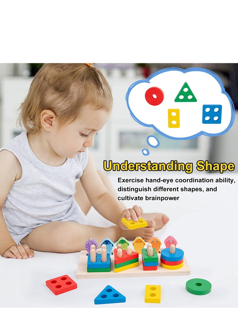 Excefore Wooden Sorting and Stacking Toy Puzzle, Montessori Toys for 1 2 3 Years Old Boys Girls, Baby Shape Sorter and Color Stacker, Magnetic Fishing Toy, Learning Educational Toys  - Image 4