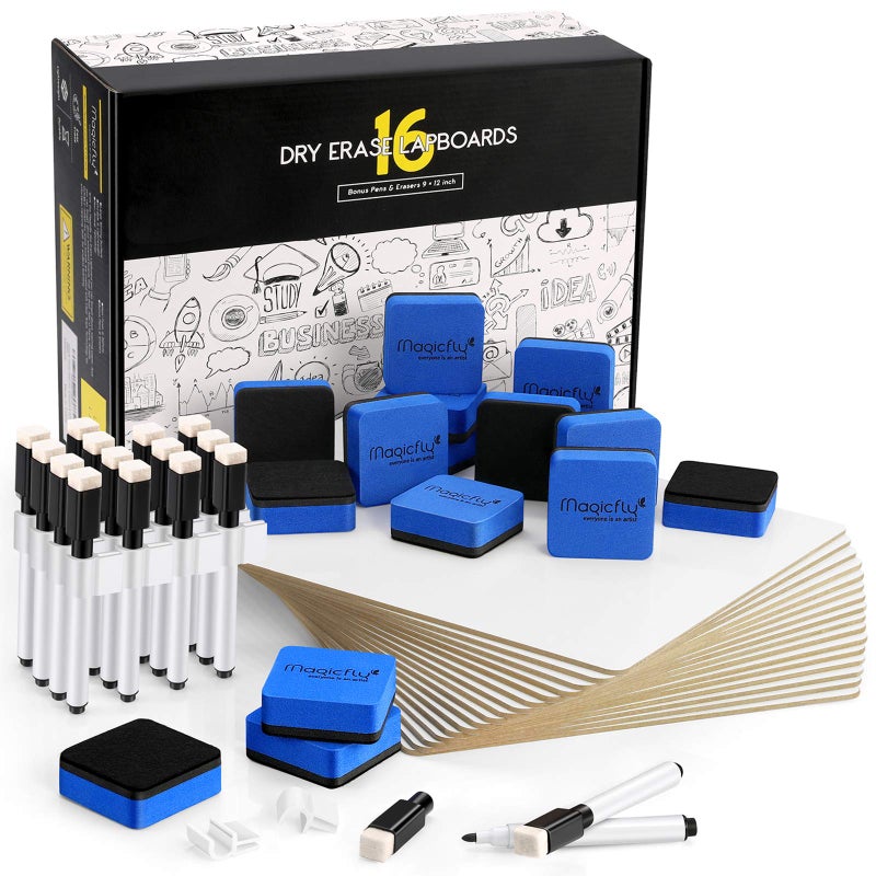 Magicfly لوحة بيضاء صغيرة مزدوجة الجوانب من ماجيك فلي، 9 × 12 بوصة، لوحات مسح جاف، عبوة كبيرة من 16 لوحة بيضاء صغيرة للطلاب والمعلمين والمكاتب، مع 16 قلم، 16 ممحاة و 16 مشبك قلم - Image 1
