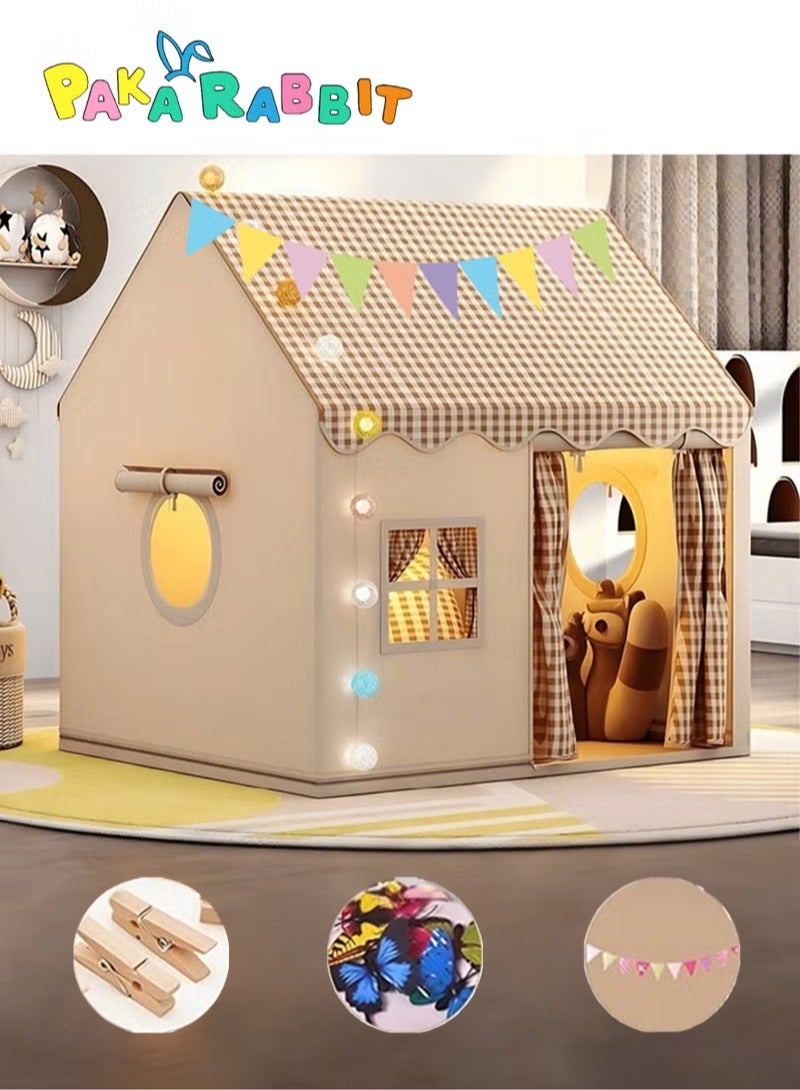 Paka Rabbit Kids Play Tent House Indoor Outdoor Toddler Playhouse , Flags and Ornaments Butterfly, Baby Outdoor Playhouse Princess Castle Tent, Kids Indoor Playroom Toys for 3-10 Years Old Boys Girls (Khaki,Not Including Lights). - Image 1