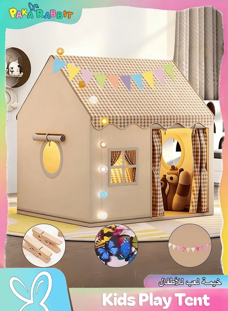 Paka Rabbit Kids Play Tent House with Lights, Indoor & Outdoor Toddler Playhouse, Cozy Play Tent with Flags & Butterfly Decorations, Playroom Toy for Boys & Girls Ages 3-10, Khaki - Image 1