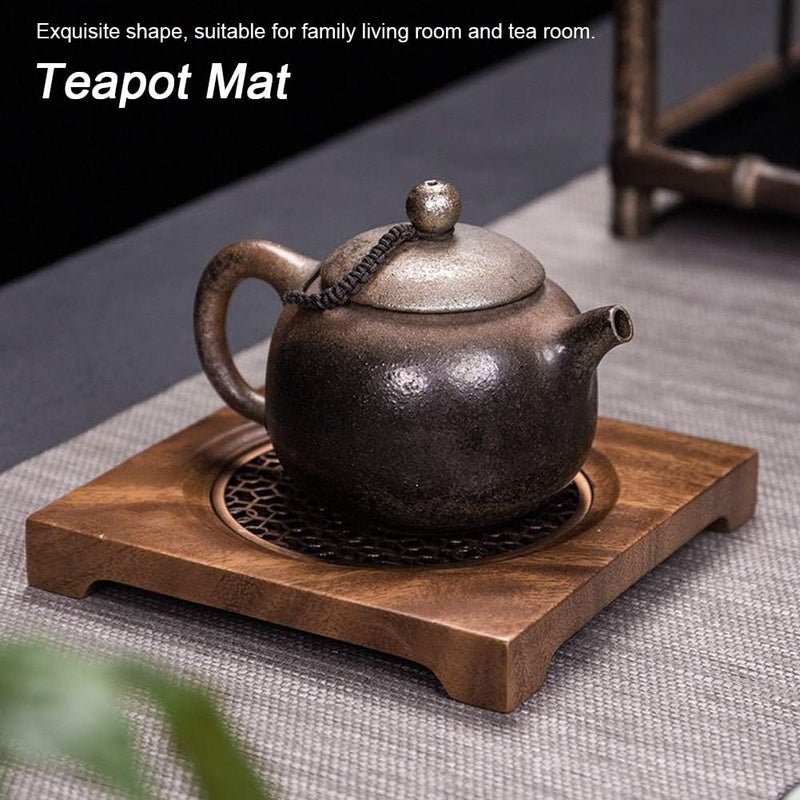 Household Innovative Walnut Square Teapot Mat, Heat Insulation Coaster for Teapot and Cups, Natural Wood Teapot Pad with Metal Frame for Living Room and Tea Room - Image 5