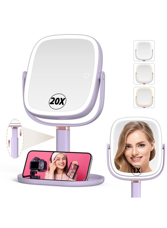 Mocado Makeup Mirror with Lights, 1X/20X Magnifying Mirror with Light, Vanity Mirror with 3 Colors Lights, Height Adjustable Lighted Makeup Mirror, Double Sided 360°Rotation, Memory Function (Purple) - Image 1
