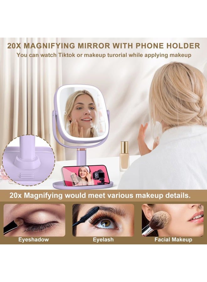 Mocado Makeup Mirror with Lights, 1X/20X Magnifying Mirror with Light, Vanity Mirror with 3 Colors Lights, Height Adjustable Lighted Makeup Mirror, Double Sided 360°Rotation, Memory Function (Purple) - Image 3