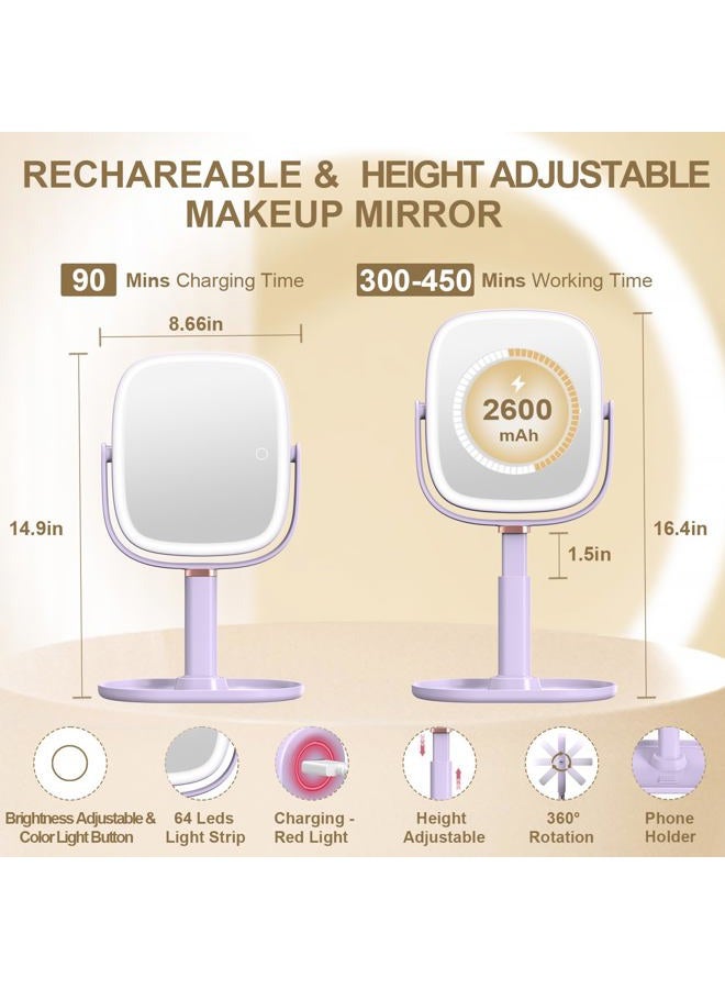 Mocado Makeup Mirror with Lights, 1X/20X Magnifying Mirror with Light, Vanity Mirror with 3 Colors Lights, Height Adjustable Lighted Makeup Mirror, Double Sided 360°Rotation, Memory Function (Purple) - Image 5