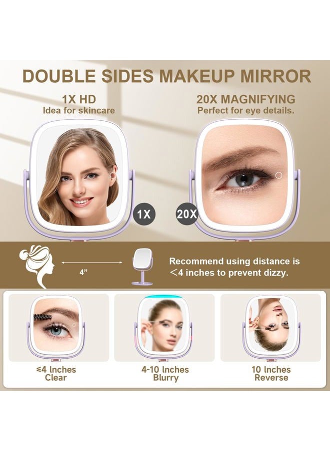 Mocado Makeup Mirror with Lights, 1X/20X Magnifying Mirror with Light, Vanity Mirror with 3 Colors Lights, Height Adjustable Lighted Makeup Mirror, Double Sided 360°Rotation, Memory Function (Purple) - Image 4