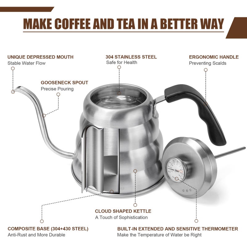 Apusu Gooseneck Kettle for Manual Drip Coffee & Tea 40oz Stainless Steel Pour Over Coffee Kettle with Thermometer Tea Kettle for Stovetop,1200ml,6 Cup,Silver,1Pack - Image 4
