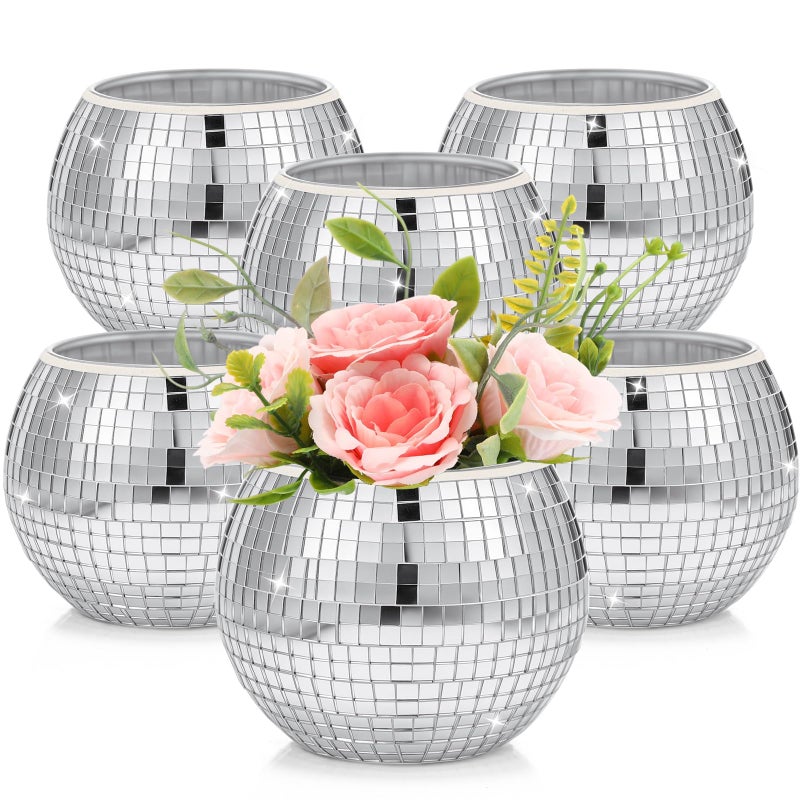 6 Pieces Disco Ball Flower Vase Mirror Disco Ball Glass Vase Planter Candle Holder Glass Vase Bulk for Wedding Centerpieces Bedroom Kitchen Office Decoration BirthdaySilver 3 x 4 Inch
