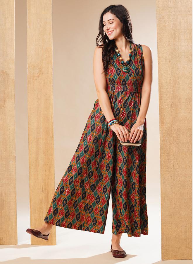 جلو باص جمبسوت بأرجل واسعة بفتحة رقبة وبطبعة متعددة - Image 1