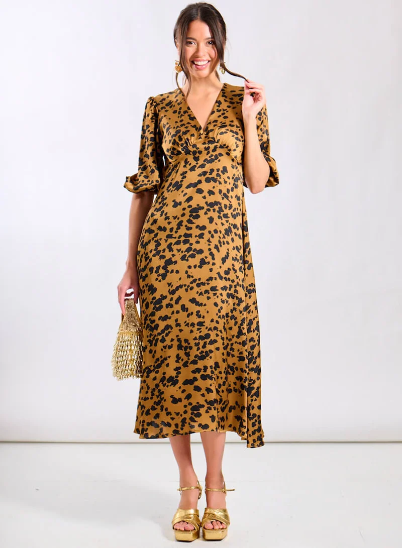 Needs No Label Brown Leopard Satin Midi Dress