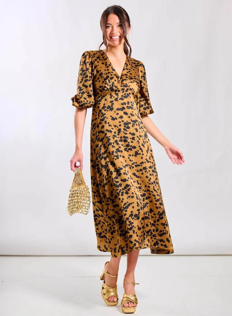 Brown Leopard Satin Midi Dress