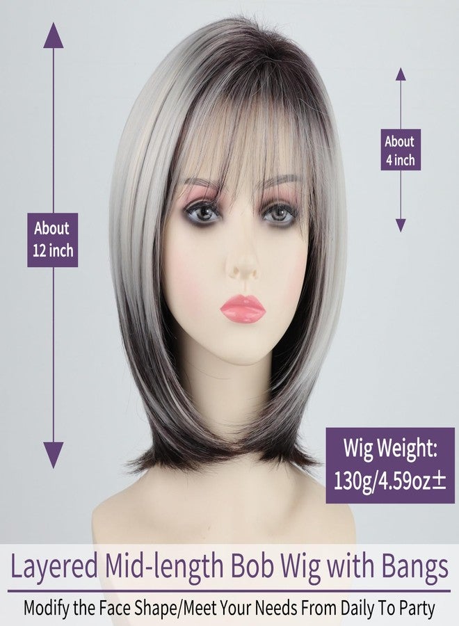 RENERSHOW Medium Length Bob Wig with Bangs for White Women Layered Blonde Balayage Bob Straight Hair Wig Natural Synthetic Hair Replacement Wig Ombre Platinum with Brown Wig - Image 3