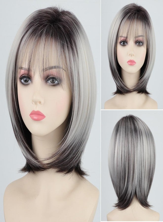 RENERSHOW Medium Length Bob Wig with Bangs for White Women Layered Blonde Balayage Bob Straight Hair Wig Natural Synthetic Hair Replacement Wig Ombre Platinum with Brown Wig - Image 2