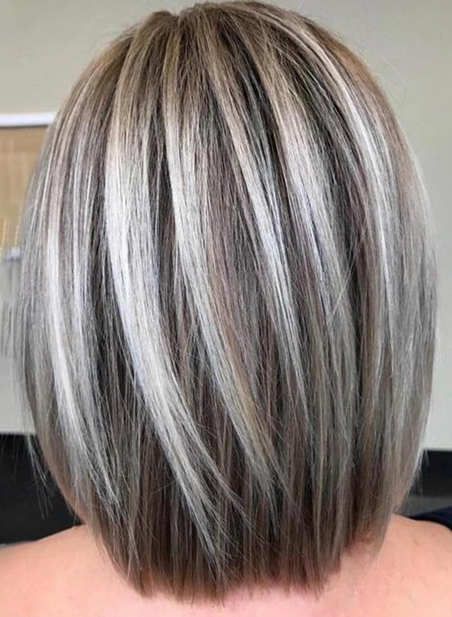 RENERSHOW Medium Length Bob Wig with Bangs for White Women Layered Blonde Balayage Bob Straight Hair Wig Natural Synthetic Hair Replacement Wig Ombre Platinum with Brown Wig - Image 1
