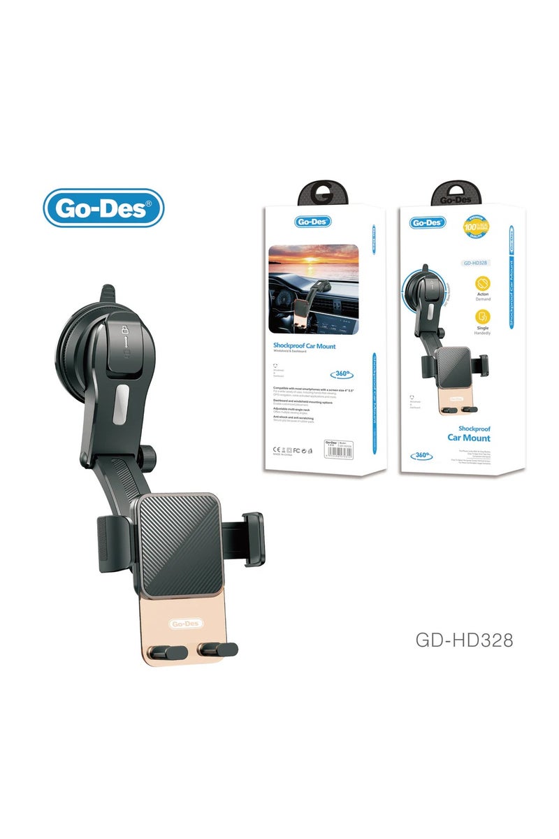 جو-ديز حامل هاتف للسيارة مقاوم للصدمات قابل للتعديل بزاوية 360 درجة بيد واحدة للزجاج الأمامي ولوحة القيادة - Image 1
