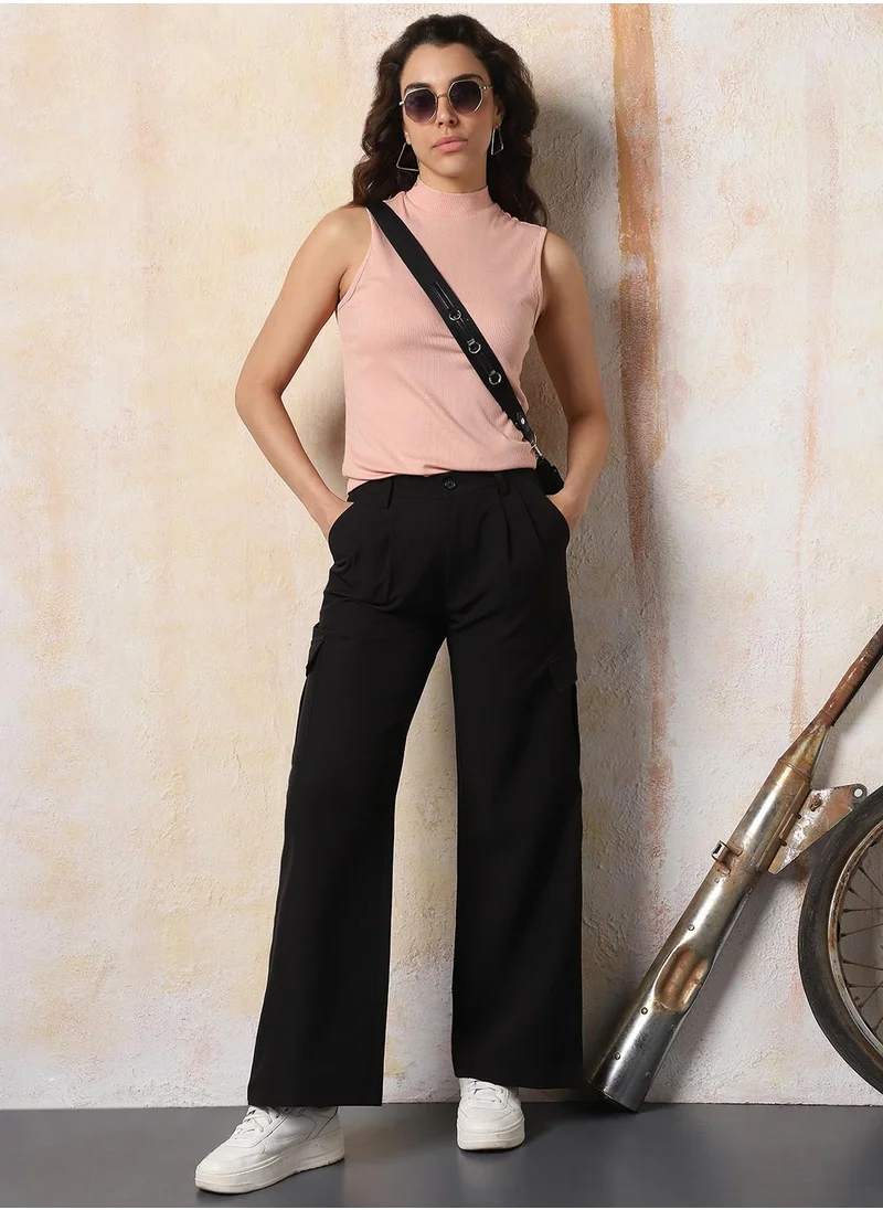 HIGH STAR Women's Black 100% Polyester Solid Full Length Wide Wide Leg Trouser