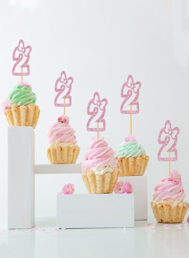 MonMon & Craft Bow Two Cupcake Toppers - Girls Children 2nd Birthday Cupcake Toppers - Twins 2nd Birthday - Number 2 Sign Birthday Party Decorations Pink Glitter - 24 Pcs - Image 5