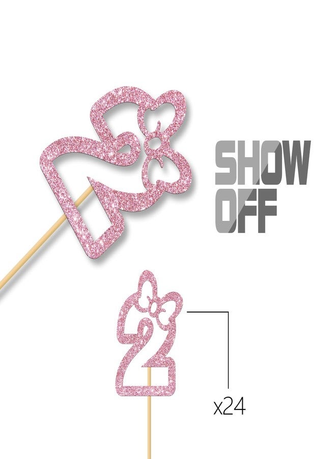 MonMon & Craft Bow Two Cupcake Toppers - Girls Children 2nd Birthday Cupcake Toppers - Twins 2nd Birthday - Number 2 Sign Birthday Party Decorations Pink Glitter - 24 Pcs - Image 2