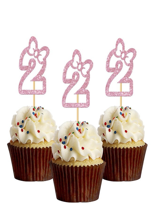 MonMon & Craft Bow Two Cupcake Toppers - Girls Children 2nd Birthday Cupcake Toppers - Twins 2nd Birthday - Number 2 Sign Birthday Party Decorations Pink Glitter - 24 Pcs - Image 1
