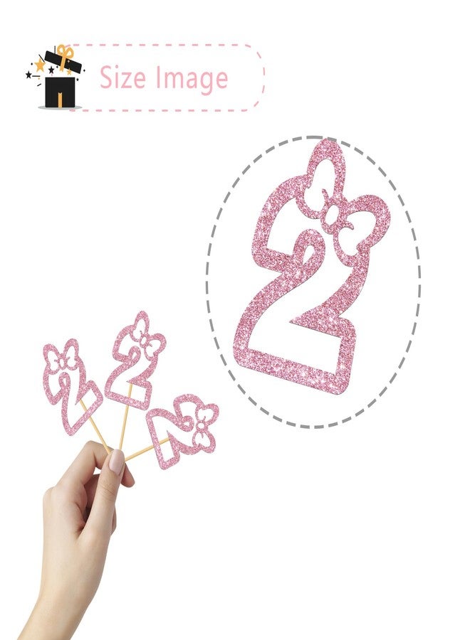 MonMon & Craft Bow Two Cupcake Toppers - Girls Children 2nd Birthday Cupcake Toppers - Twins 2nd Birthday - Number 2 Sign Birthday Party Decorations Pink Glitter - 24 Pcs - Image 4