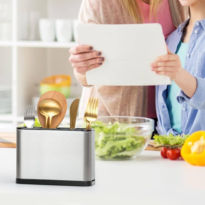 BLACK SPARROW Stainless Steel Kitchen Utensil Holder Drainer Cooking Utensil Holder Cutlery Holder Flatware Holder Sinkware Caddy Countertop Organizer Modern Rectangular Design - Image 3