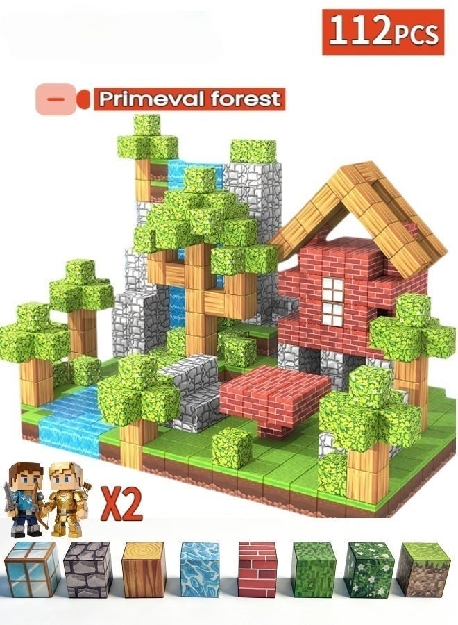 مجموعة بناء عالم المناجم المغناطيسية - 112 مكعب مغناطيسي عالي القوة، مكعبات مغناطيسية 2 سم، لعبة للأطفال الصغار، لعبة حسية تعليمية، مناسبة كهدية للأولاد والبنات من سن 3 إلى 10 سنوات، لعبة إبداعية للأطفال (موضوع الغابة؛ تتضمن شخصيتين لعبة) - Image 1