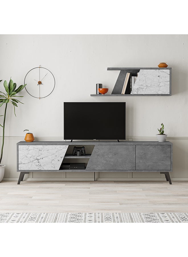 Mourah Home Fiona Tv Unit Up To 70'' Inch Tvs With Shelf 3Door And 2Tier Storage | Tv Cabinet For Living Room| 180X35.6X48 Cm| Retro Grey White Marble  - Image 1