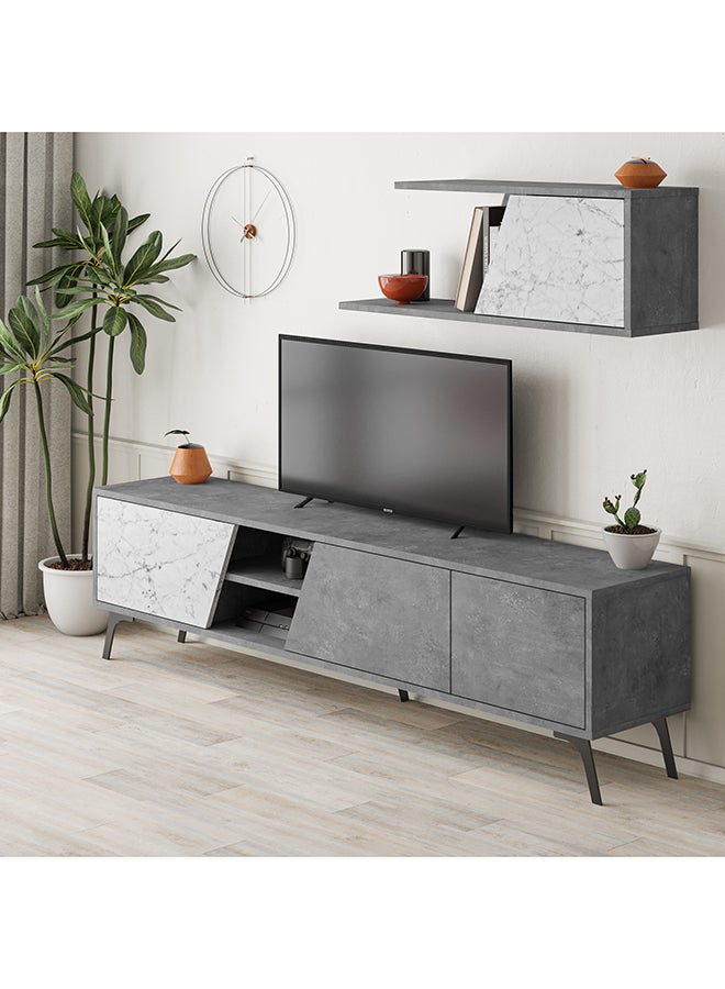 Mourah Home Fiona Tv Unit Up To 70'' Inch Tvs With Shelf 3Door And 2Tier Storage | Tv Cabinet For Living Room| 180X35.6X48 Cm| Retro Grey White Marble  - Image 2