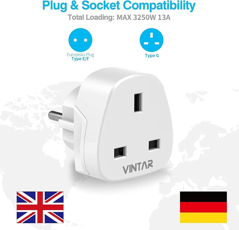 VINTAR UK to European Plug Adapter,Grounded 3 Pin to 2 Pin EU Euro Europe Schuko Travel Adaptor for France Germany Spain Turkey Greece Russia and More(Type E/F), 1Pack White - Image 2