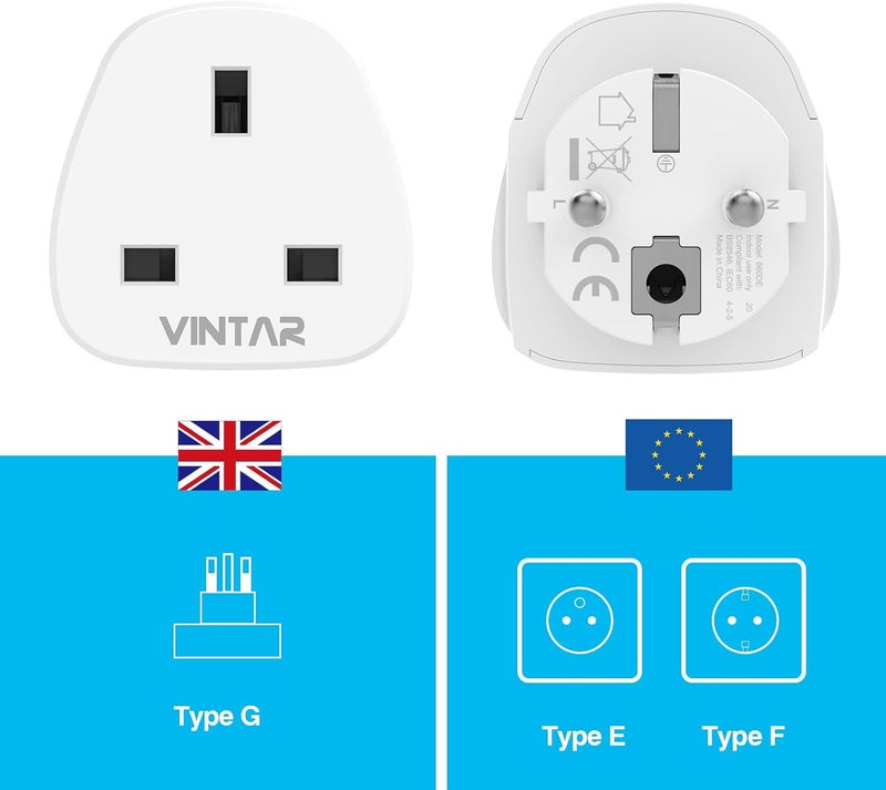 VINTAR UK to European Plug Adapter,Grounded 3 Pin to 2 Pin EU Euro Europe Schuko Travel Adaptor for France Germany Spain Turkey Greece Russia and More(Type E/F), 1Pack White - Image 4